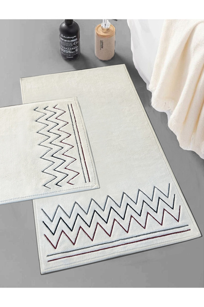Zigzag Burgundy Embroidered 2-Piece 100% Cotton Bath Rug Set, Non-Slip Backing, Washable