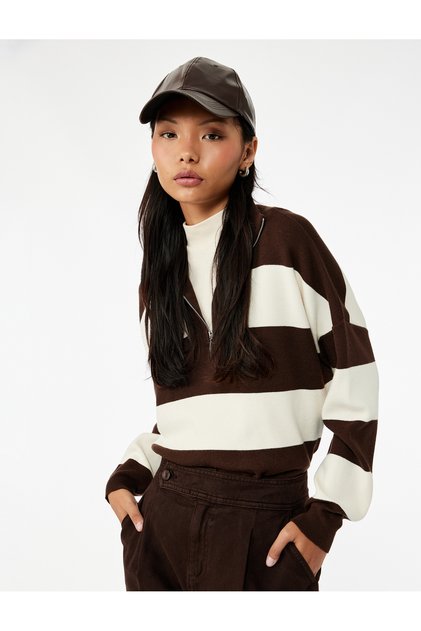 Viscose Blend Color Block Long Sleeve Half Zip Knit Sweater