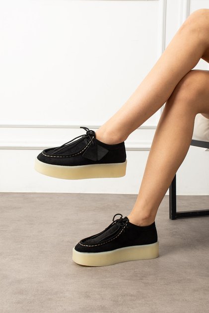 Black Suede Lace-Up Thick Sole Women's Loafer Shoes