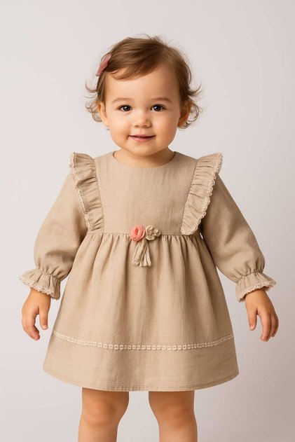 Cotton Comfortable Long Sleeve, Brooch and Lace Detailed Muslin 6-24 Months Girl's Baby Dress