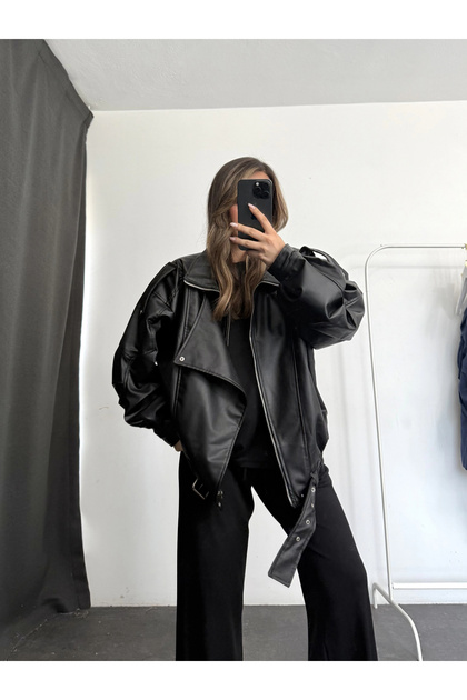 ジャケット・アウター leather jacket buggy parachute pants y2k nona butik Angela Oversize Leather Jacket - Black- Trendyol