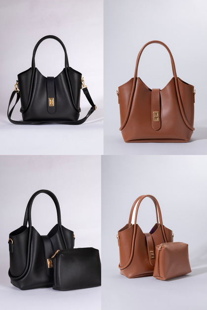 2 Pieces Black Taban Puppy Bag with Extra Front Lock Detail Women's Shoulder Bag Width;30Cm Length;25Cm
