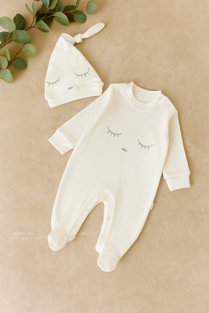 Kirpik Detaylı Şapka Aksesuarlı Bebek Tulum