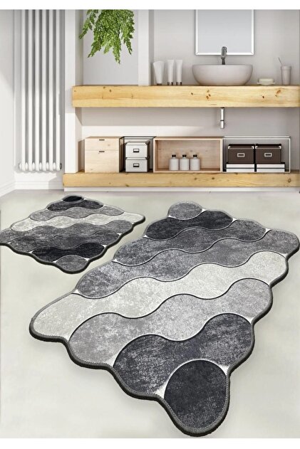 Water-Absorbent Non-Slip Bath Mat Set of 2 with Sponge Filling, Soft-Textured Decorative Set