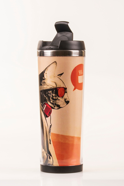 Cat Decorated Steel Mug - 360 ml | Leak-Proof Lid, Steel Inner Bowl, 19 cm