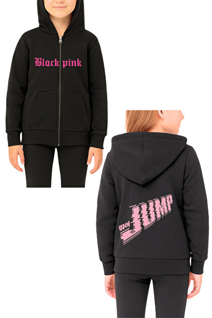 MECH BUTİK Blackpink Baskılı Siyah Kız Çocuk Fermuarlı Hırka