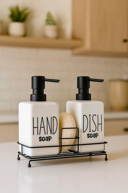 2'li Metal Stantlı ve Süngerli Kare Porselen Sıvı Sabunluk Mutfak Seti, Hand and Dish Fenomen Set 400 ML