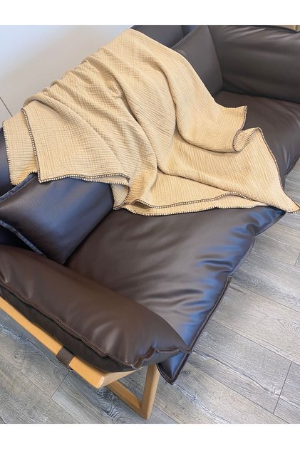 Joy %100 Pamuk 4 Kat Müslin Throw TV Battaniyesi & Koltuk Şalı Gold Bej