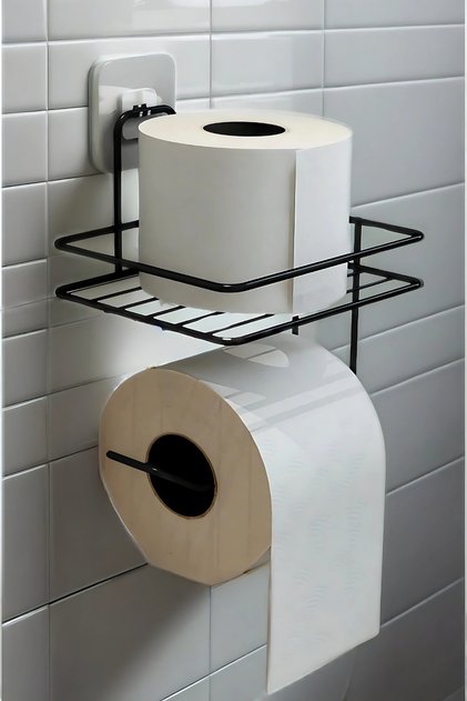 Black Metal Adhesive Toilet Paper Holder with Shelf | Modern Bathroom Accessory Metal Toilet Roll Holder
