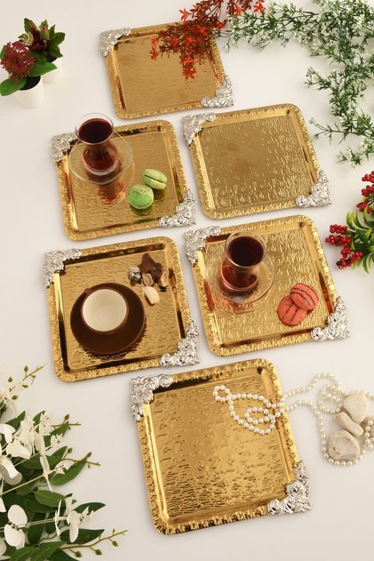 Abra Gold Stainless Patterned Square Corner Silver Flower Detailed 6-Piece Coffee Tea Serving Tray