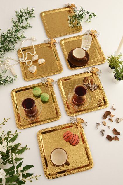 Denver Gold Stainless Patterned Square Corner Double Butterfly Detailed 6-Piece Coffee Tea Presentation Tray Serving Tray