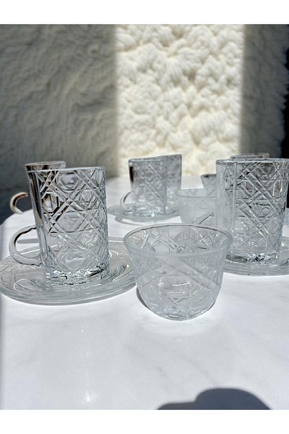 Cut Crystal Glass Tea and Mirra Set - Arabic Coffee Set Tea Set 18 Pieces for 6 People