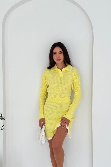 Hair Braid Detailed Polo Neck Knitwear Bottom Top Set Aw25Au0004