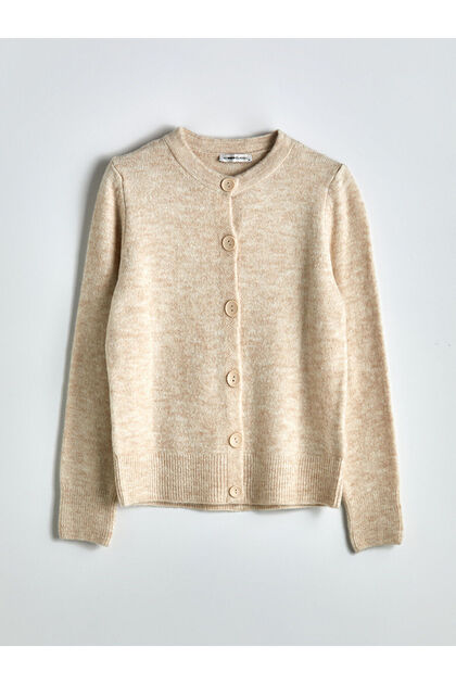 Beige Crew Neck Women's Knitwear Cardigan