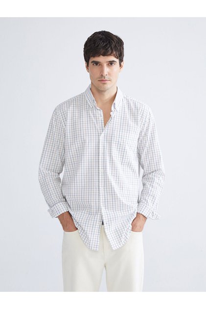 Lcwaikiki Classic Beige Regular Fit Long Sleeve Plaid Poplin Men's Shirt