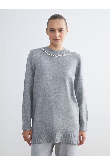 Özmarka New Season Crew Neck Stoned Women's Knitwear Tunic