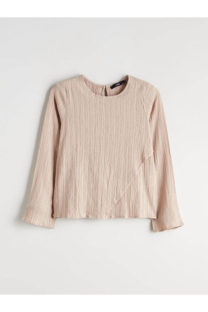Lcw Kids Beige Crew Neck Linen Blend Textured Girls' Blouse