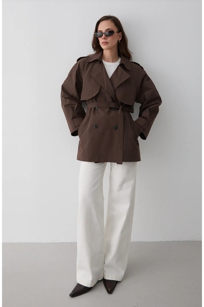 Women's Short Trench Coat with Cape Detail and Four Buttons with Belt