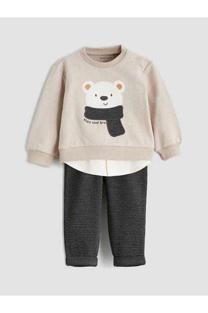Beige Printed Baby Boy Sweatshirt and Pants 2-Piece Set