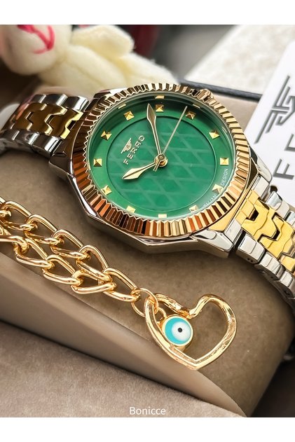Women's Wristwatch, Yellow Green Color Steel Band Vip Model, with Bracelet Gift