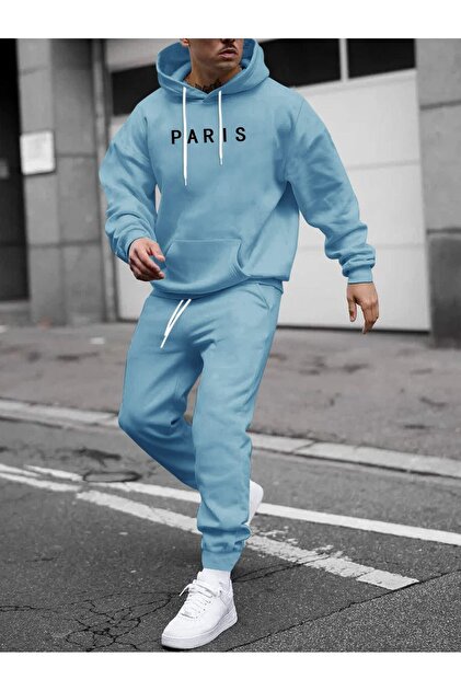 Set de trening Paris cu glugă, bluză și pantaloni - Albastru bebeluș, cu imprimeu, supradimensionat, cu picior elastic