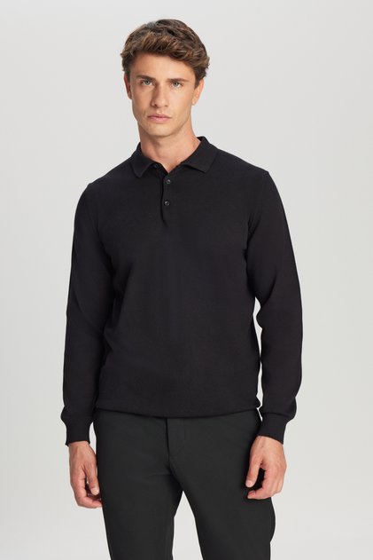 Erkek Siyah Pamuklu Standart Fit Normal Kesim Polo Yaka Triko Kazak