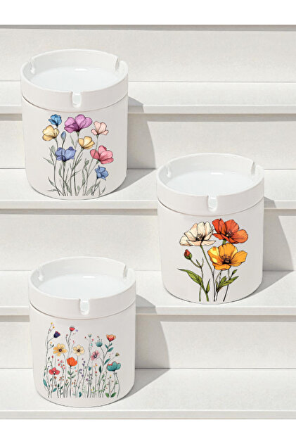 Flower Themed 3-Piece Ashtray Models - Odorless Ashtrays, Ceramic Ash Tray
