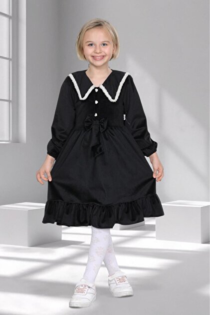 mhk bur bebe Girls' Velvet Ruffle Collar Dress - Ages 3-10 - 6 Color Options - Black- Trendyol mhk bur bebe Girls' Velvet Ruffle Collar Dress - Ages 3-10 - 6 Color Options - Black- Trendyol