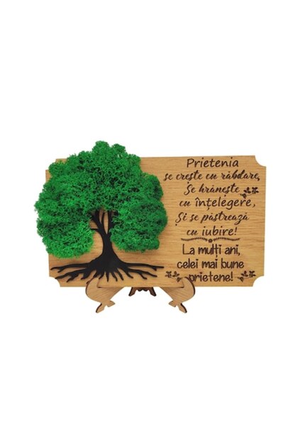 Tablou cu licheni gravat cu mesaj pentru cea mai buna prietena 'La multi ani', 20x13 cm, Lemn, Model
