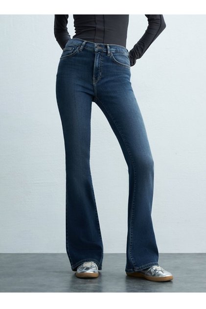 Women's High Waist Dark Blue Full Lycra Spanish Leg High-End Jeans Pants