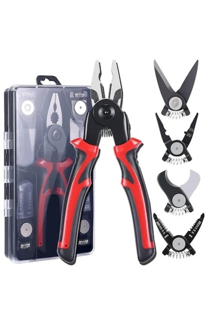 Set multifunctional 5 in 1, otel, cleste, taietor cablu, dezizolator, maner ergonomic, negru/rosu