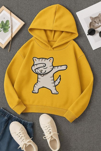 KEDİ BASKILI ÜNİSEX KAPÜŞONLU ÇOCUK SWEAT