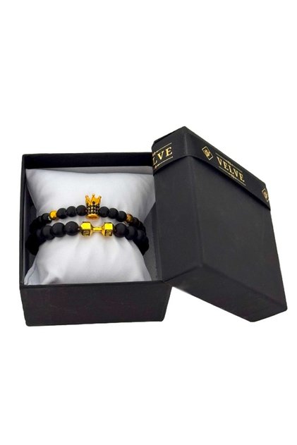 Set Royal pentru barbati, doua bratari cu pietre semipretioase si cristale zirconiu,Negru/Gold