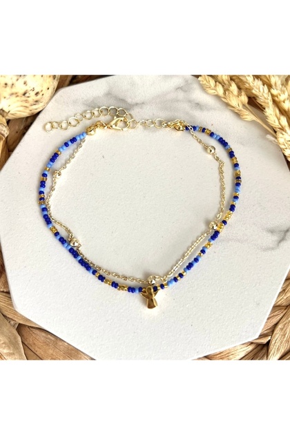Blue Beaded Double Luck Anklet with Angel Pendant