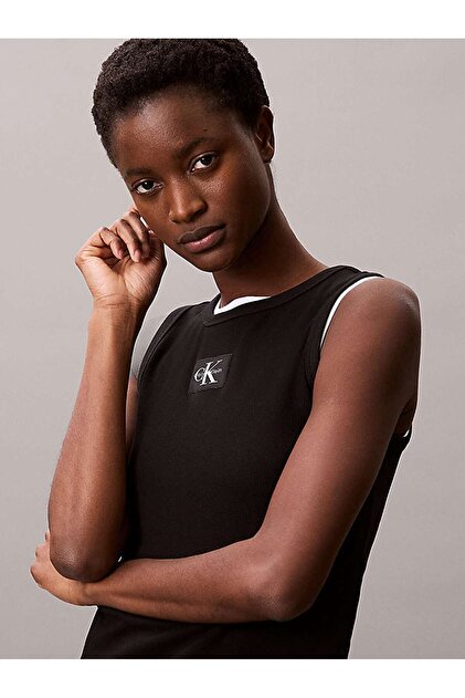 Calvin Klein A - WOVEN LABEL 2X2 COTTON RIB T Siyah Kadın Tişört