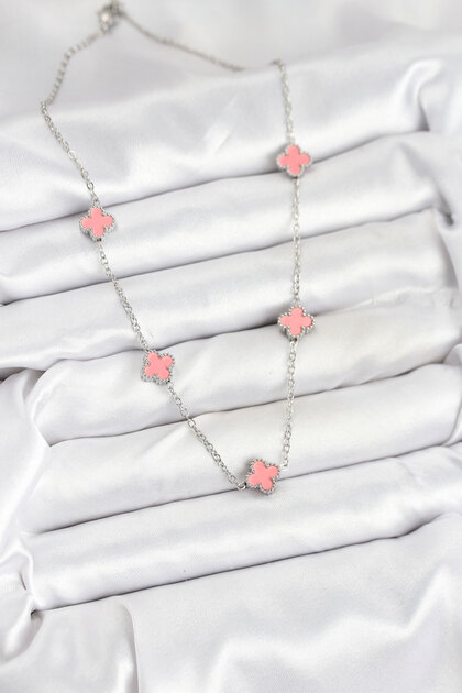 Silver Color Pink Baby Boy Clover Women's Necklace (316L Steel)
