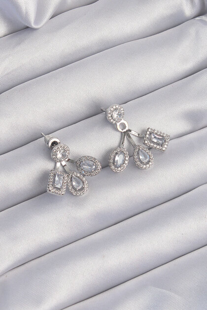 Brass Silver Color Zircon Stone Geometric Model Earrings -