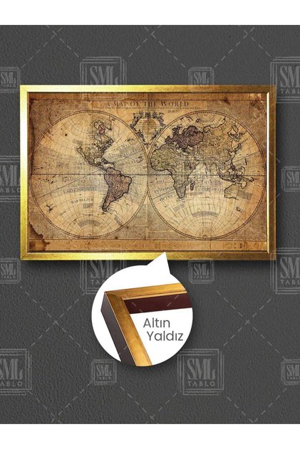 Vintage Dünya Haritası Eski Harita World Map Çerçeveli Yatay Kanvas Tablo