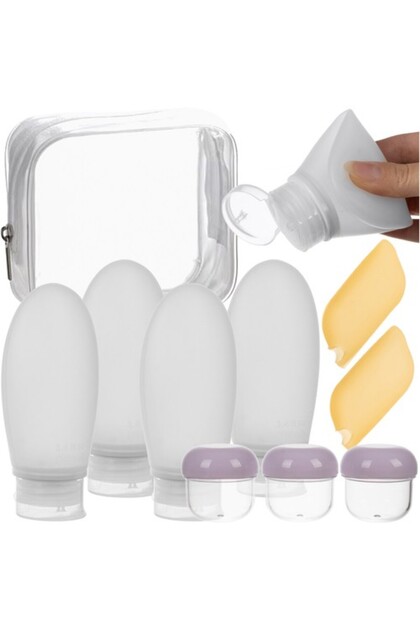 Set recipiente calatorie, 4 sticlute silicon, 4 cutiute, 2 capace periuta dinti, geanta depozitare