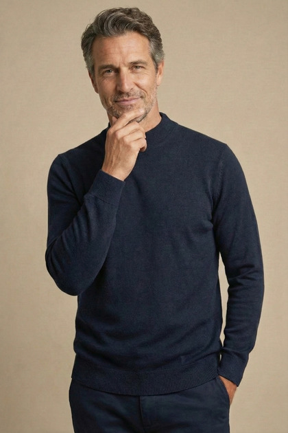 Men's Father Navy Blue Solid Color Half Turtleneck Knit Sweater