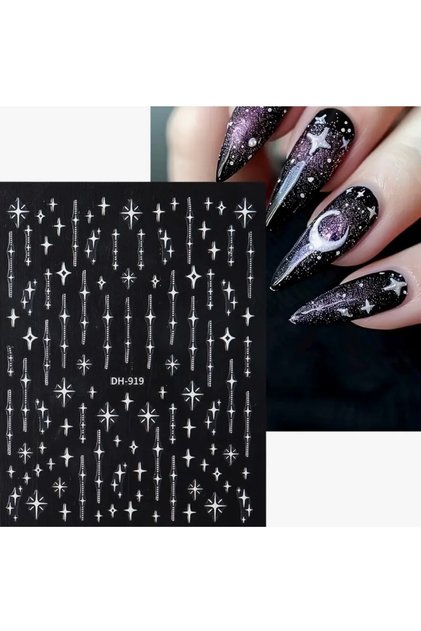 1 Adet Beyaz Yıldız Çizgi Tırnak Süsleme Stickerı, Nail Art Süsü