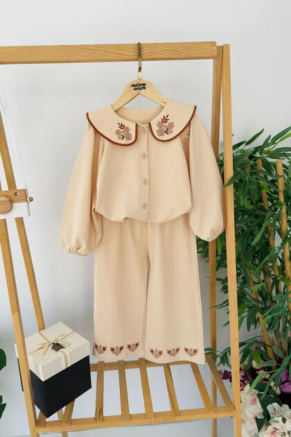 My Little One's Long Shirt Set with Collar Embroidery Detail - Beige