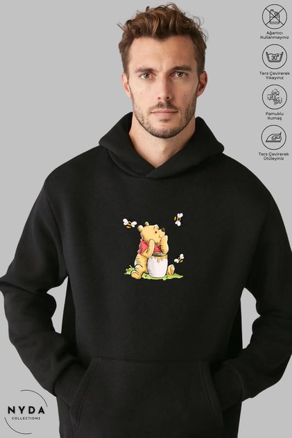 Unisex Hoodie Long Sleeve Winnie the Pooh Printed Hooded Fleece-Lined Oversized Cotton Sweatshirt