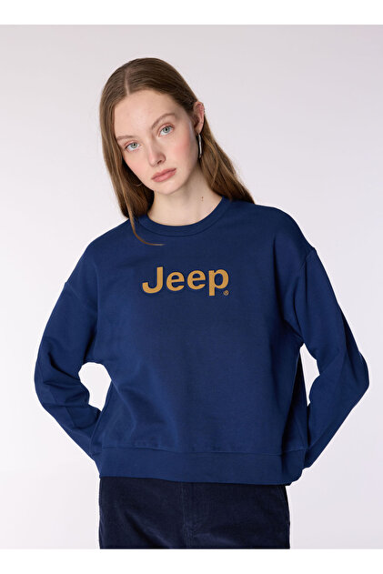 Jeep Bisiklet Yaka Baskılı Lacivert Kadın Sweatshırt J4WL-SWT7015