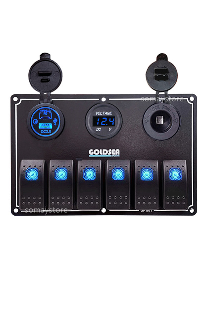 Tekne Switch Panel 6 Anahtarlı Usb Type-c Voltmetre Şarj Soketli 12-24v 120x180mm Mavi Işık