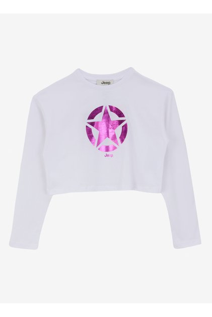 Ekru Kız Çocuk Bisiklet Yaka Oversize Pullu T-Shirt J4WG-TST7566