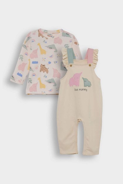 Kız Bebek 2'li Takım Dinozor Baskılı Uzun Kollu Tişört Salopet Tulum F2188A525AU