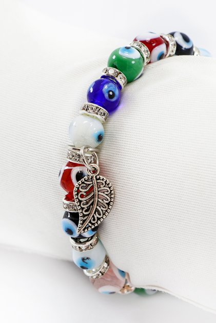 Handmade Glass Evil Eye Beaded Metal Leaf Bracelet, Gift Evil Eye Beaded Bracelet