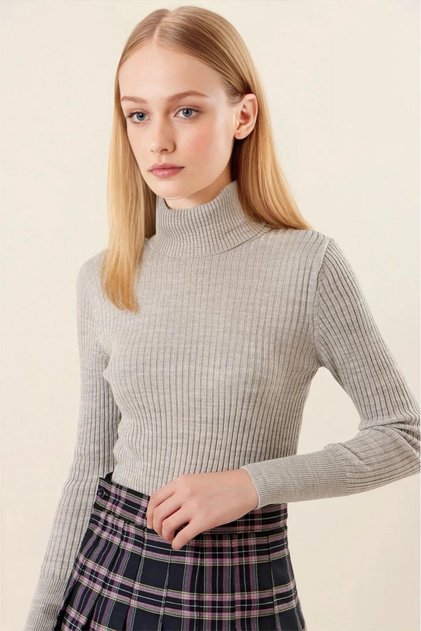 Women's Gray Turtleneck Ribbed Knitwear Turtleneck Sweater HZL22W-BD1445001