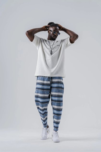 Men's Blue Ethnic Pattern Waist Rope Tie Straight Cut Pocket Pants Sweatpants HZL24S-MXC8948-195